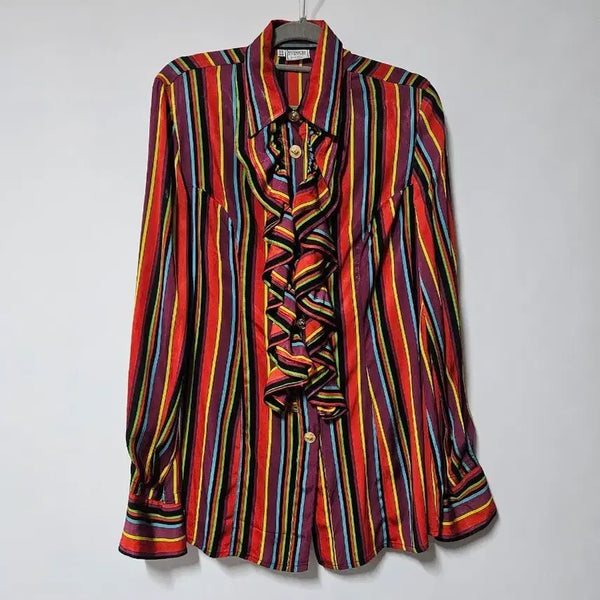 [BUNJANG] Versace Versus Stripe Frill Silk Shirt / 지아니 베르사체 베르수스 스트라이프 프릴 셔츠 30/44