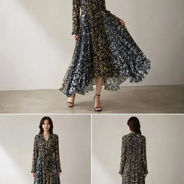 [BUNJANG] TIME Flower Rayon Unbalanced Pleated Long Dress / 타임 TIME 플라워 레이온 롱원피스 언밸런스 플리츠 원피스