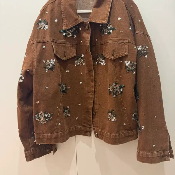 [BUNJANG] Brown Beads Embroidered Denim Jacket / 브라운 비즈 자수 데님 자켓 프리