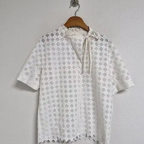 [BUNJANG] Sandro White Cotton Blend Ruffle Neck Ribbon Blouse / 산드로 남방
