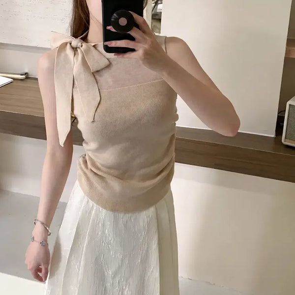 [BUNJANG] See-Through Ribbon Shirring Knit Blouse / 시스루 리본 셔링 니트 하객룩 새상품