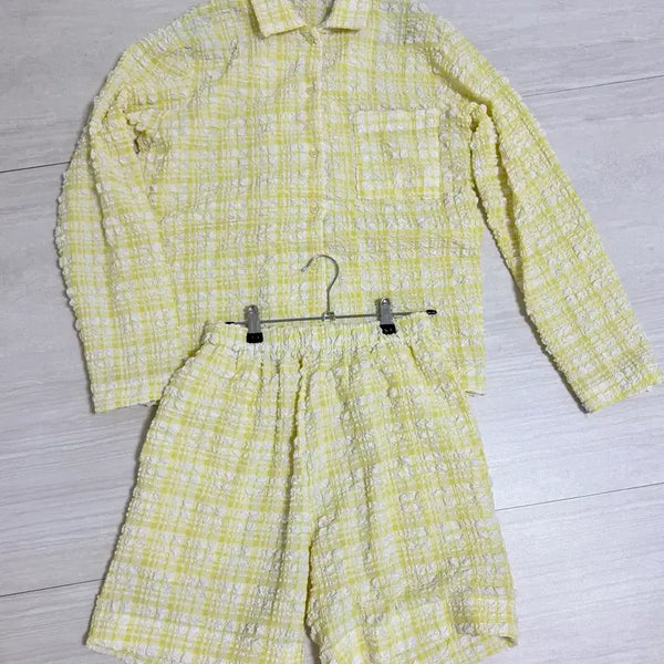 [BUNJANG] Yellow Check Textured Pajama Set / 옐로우 체크 텍스처 파자마 세트