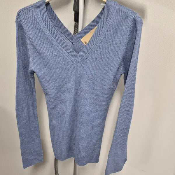 [BUNJANG] Women's Blue Ribbed V-Neck Knit / 여성블루 브이넥 골지 니트