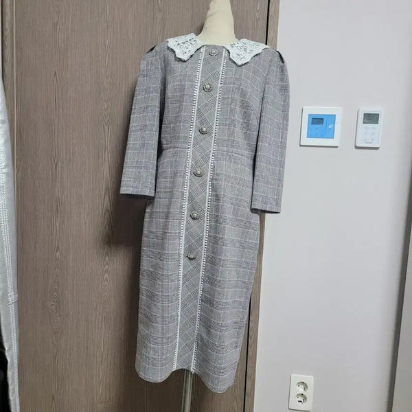 [BUNJANG] SHATIN Check Lace Collar Long Dress with Jewel Buttons / 샤틴 보석단추 체크 레이스 카라 롱 원피스 하객룩