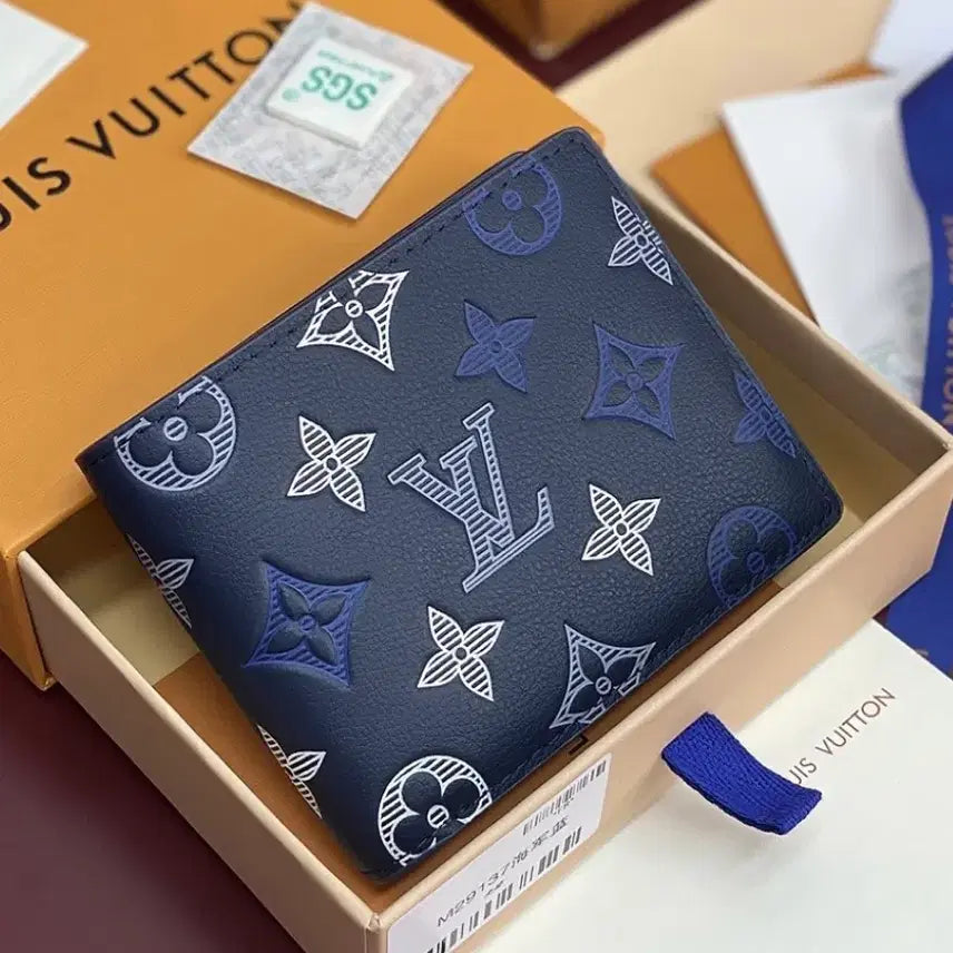 [BUNJANG] Louis Vuitton Multiple Wallet Navy Blue Monogram Shadow Leather / 루이비통 멀티플 월렛 네이비 블루 Louis Vuitton