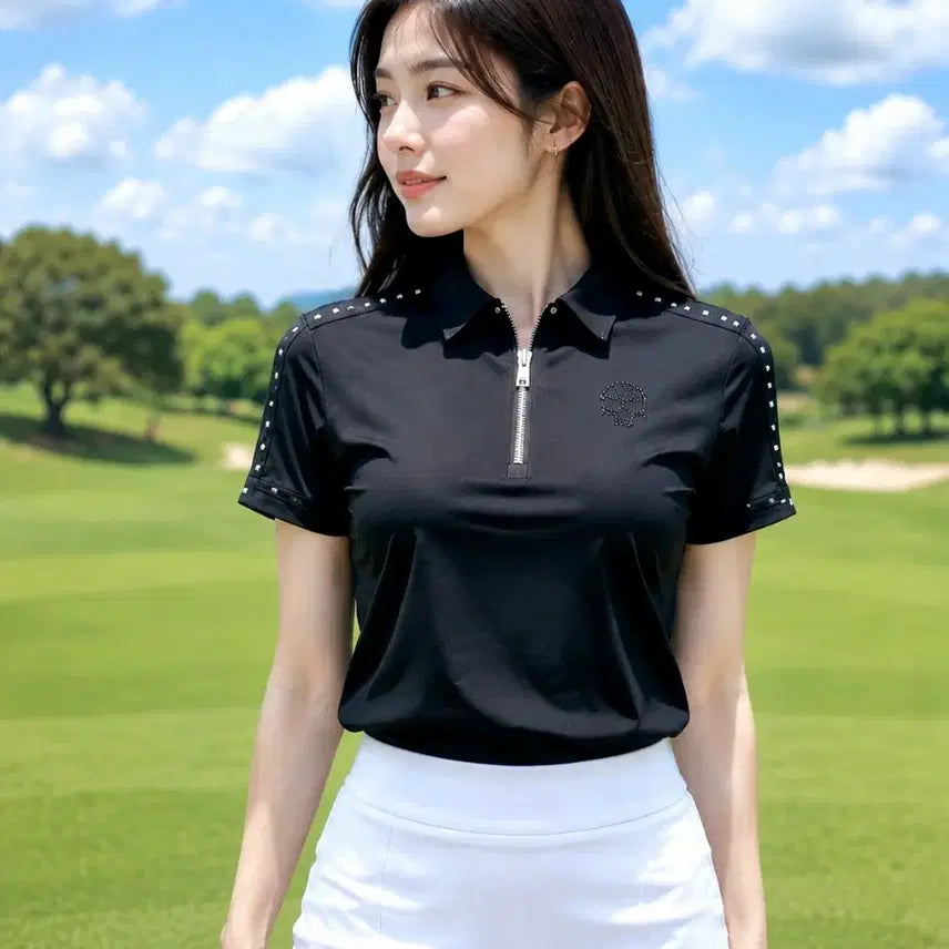 [BUNJANG] PXG Golf Women's Rockstar Skull Half-Zip Polo T-Shirt (Size M) / PXG 골프 여성 락스타 스컬 반집업 카라 티셔츠 M