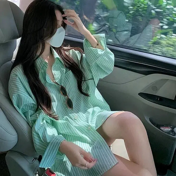 [BUNJANG] Striped Long Sleeve Shirt / [2컬러] 민트 핑크 얇은셔츠 그린 줄무늬셔츠 긴팔 셔츠 스트라이프