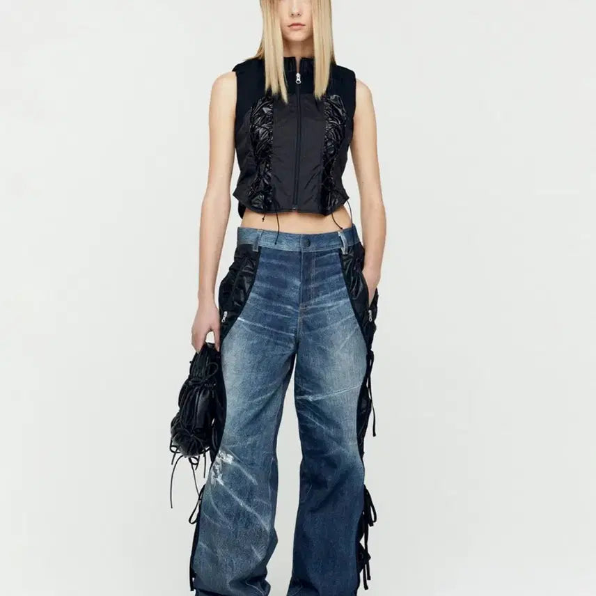 [BUNJANG] ANDERSSON BELL Trompe l'oeil Layered Tying Pants / 앤더슨벨 데님 트롱프뢰유 레이어드 타잉 팬츠 엑슬림 오픈와이와이 혜인서