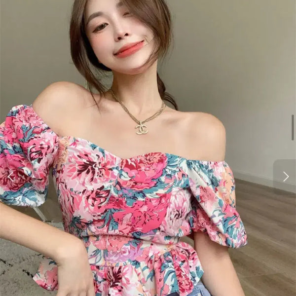[BUNJANG] Floral Off-Shoulder Blouse / 오프숄더 꽃무늬 블라우스 새상품. Free