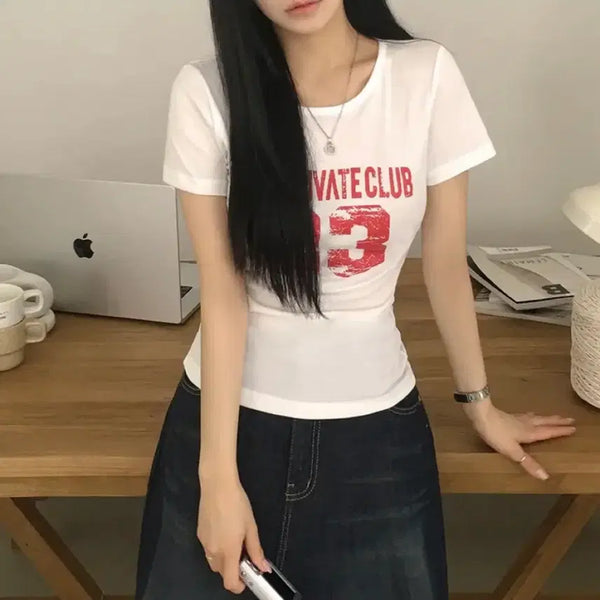 [BUNJANG] Ably Vintage Number Lettering U-Neck Slim Fit Short Sleeve T-Shirt / 에이블리 빈티지 넘버 레터링 유넥 슬림핏 반팔티셔츠 판매