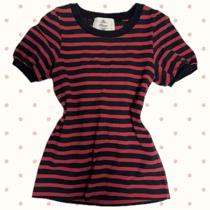[BUNJANG] Vintage Back-Ribbon Punk Giallo Striped Short-Sleeve Top (Red/Black) / 백리본 펑크 갸루 러블리 빈티지 반팔탑  단가라 스트라이프 레드블랙