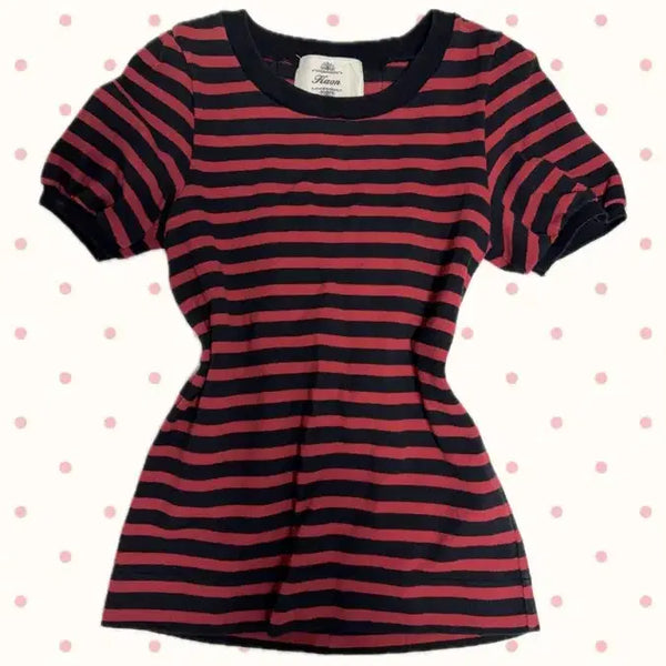 [BUNJANG] Vintage Back-Ribbon Punk Giallo Striped Short-Sleeve Top (Red/Black) / 백리본 펑크 갸루 러블리 빈티지 반팔탑  단가라 스트라이프 레드블랙