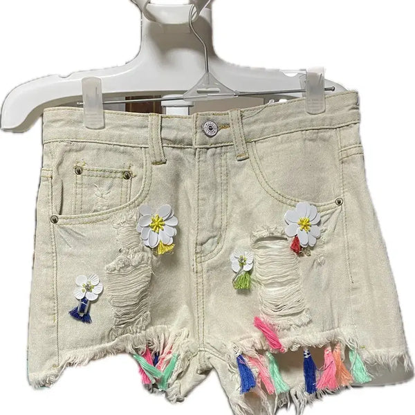 [BUNJANG] Floral Tassel Distressed Denim Shorts / 데미지 반바지 꽃 장식 태슬 숏팬츠 새상품