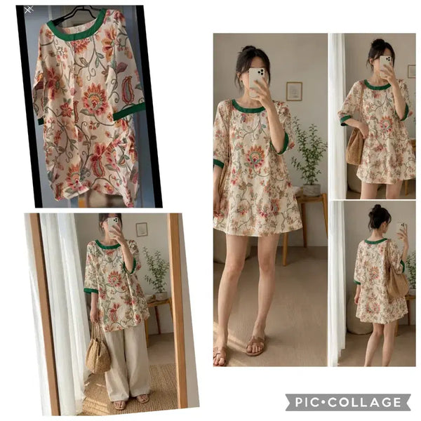 [BUNJANG] Flower Pattern Color Block Short-Sleeve Maxi Dress / 플라워 패턴 그린 배색 반팔 롱티 겸 원피스