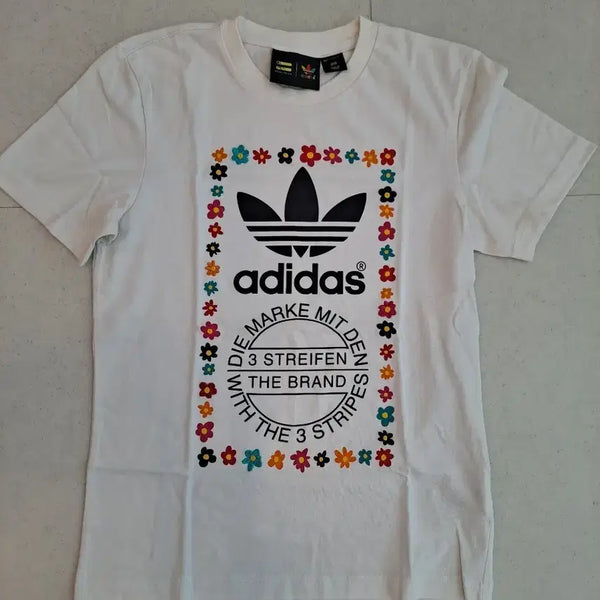 [BUNJANG] Adidas White Floral Logo T-Shirt / 아디다스 반팔티 흰색 꽃무늬 로고