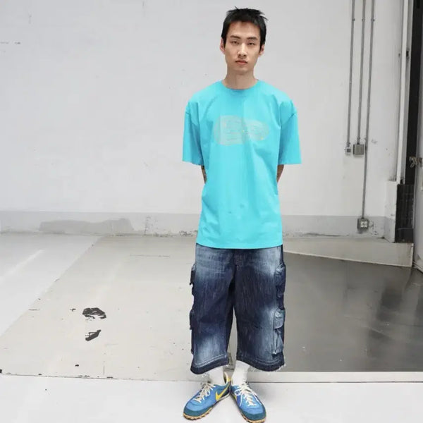 [BUNJANG] 999HUMANITY Curved Cargo Bermuda Shorts (Indigo One Wash) / 999휴머니티 커브드 카고 버뮤다 팬츠 (인디고 원 워시)