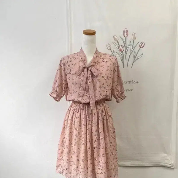 [BUNJANG] Chiffon Floral Ribbon Dress Pink / 쉬폰 꽃무늬 리본 원피스 핑크