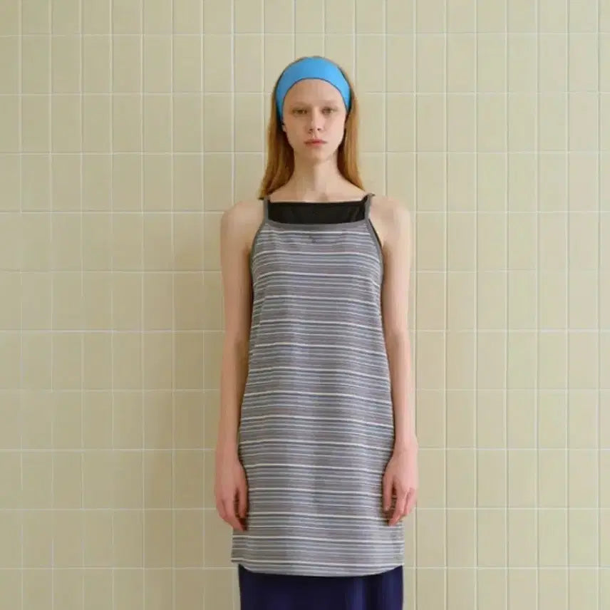[BUNJANG] ENZOBLUES Square Neck Jersey Midi Dress - Grey Stripe / 엔조블루스 스퀘어 넥 져지 미디 드레스 나시 원피스 Grey Stripe