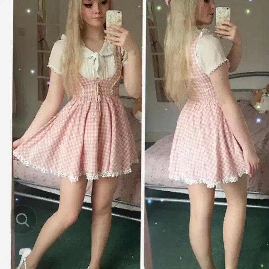 [BUNJANG] Liz Lisa Classic Gingham Check Pink Mini Dress (Web Exclusive) / 리즈리사 고전 깅엄체크 웹한정 원피스 히메카지 히메갸루 라떼갸루 플로럴