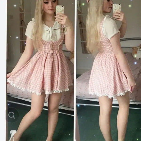 [BUNJANG] Liz Lisa Classic Gingham Check Pink Mini Dress (Web Exclusive) / 리즈리사 고전 깅엄체크 웹한정 원피스 히메카지 히메갸루 라떼갸루 플로럴