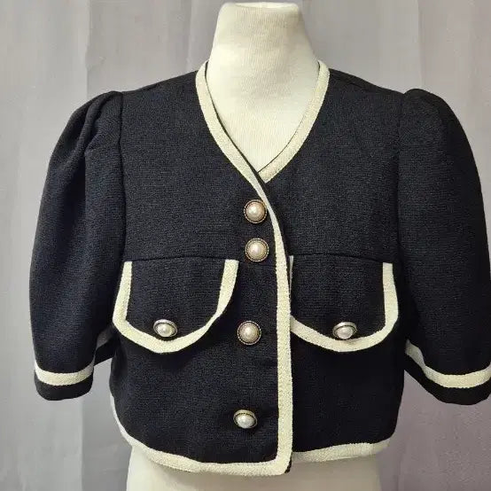 [BUNJANG] Tweed Jacket Black Ivory Color Block M Size / 트위드 자켓 블랙 아이보리 배색 M