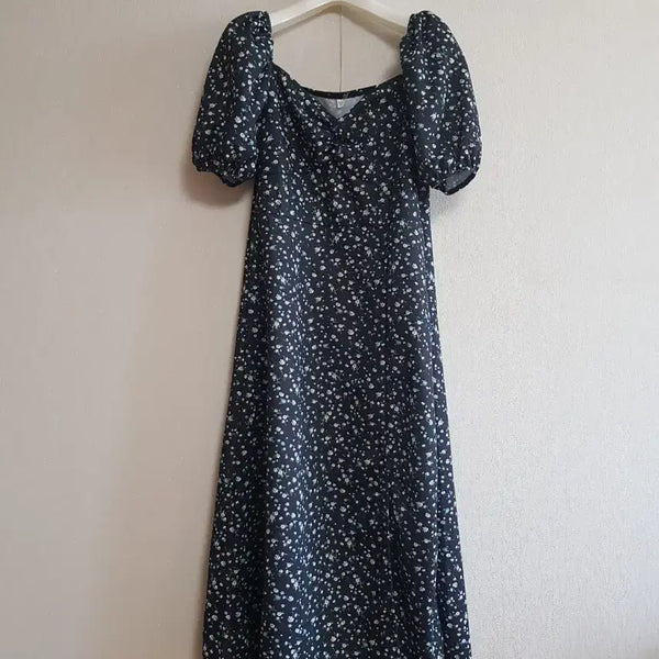 [BUNJANG] Floral Print Long Dress with Puff Sleeves and Square Neck / 롱 원피스