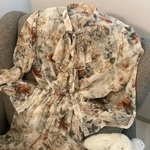 [BUNJANG] Chiffon Flower Print Ribbon Blouse / 쉬폰 플라워 프린트 리본 블라우스