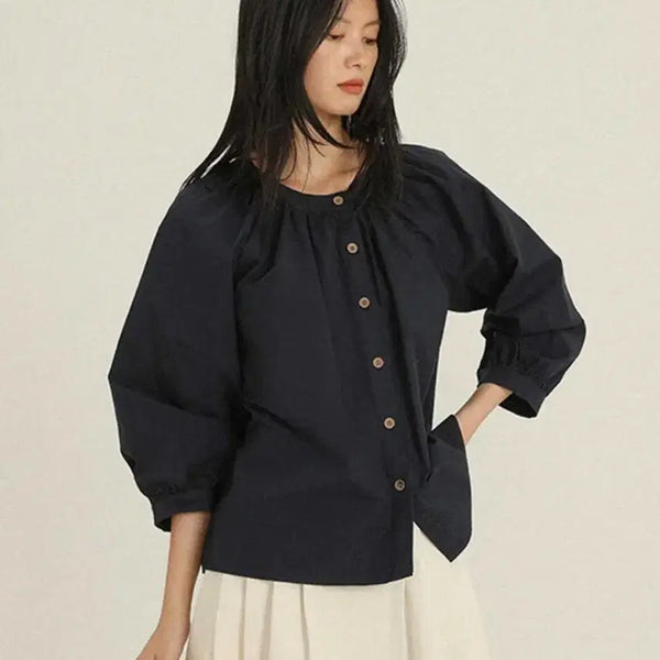 [BUNJANG] Pigment Raglan Button Blouse Navy / 피그먼트 나그랑버튼 블라우스 네이비