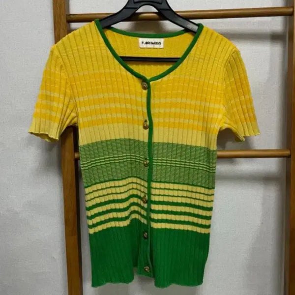 [BUNJANG] Yellow Green Striped V-Neck Knit Short Sleeve Cardigan / 옐로우 그린 단가라 브이넥 니트 반팔 가디건