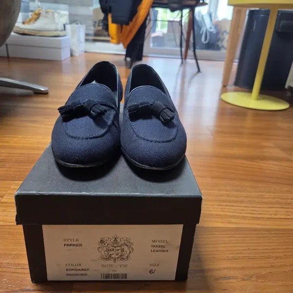 [BUNJANG] Navy Herringbone Bowtie Tassel Loafers / 보우타이 네이비 헤링본 태슬 로퍼