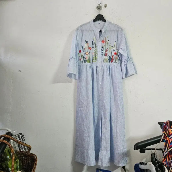 [BUNJANG] Striped Floral Embroidery Long Dress / 스트라이프 플로럴 자수 롱 원피스