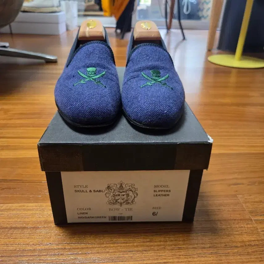[BUNJANG] Skull & Sable Navy Linen Bow Tie Slippers / 보우타이 네이비 린넨 스컬앤세이블 슬리퍼