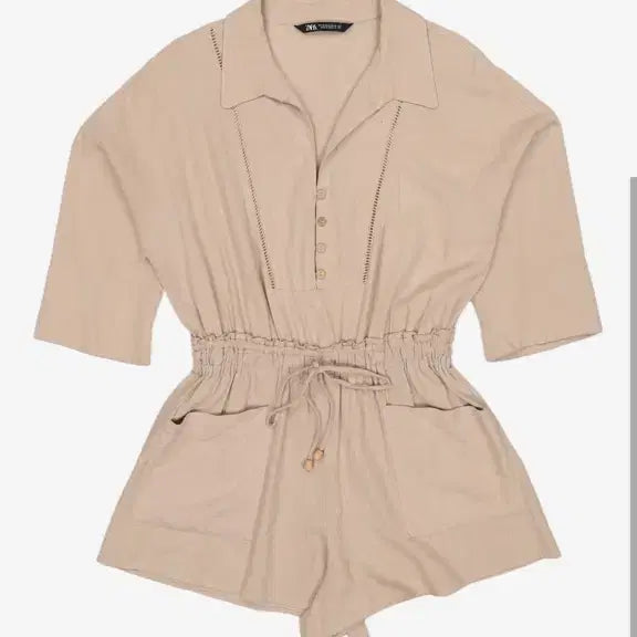 [BUNJANG] Zara Linen Short Jumpsuit Beige / 자라 반팔 숏 점프수트 베이지