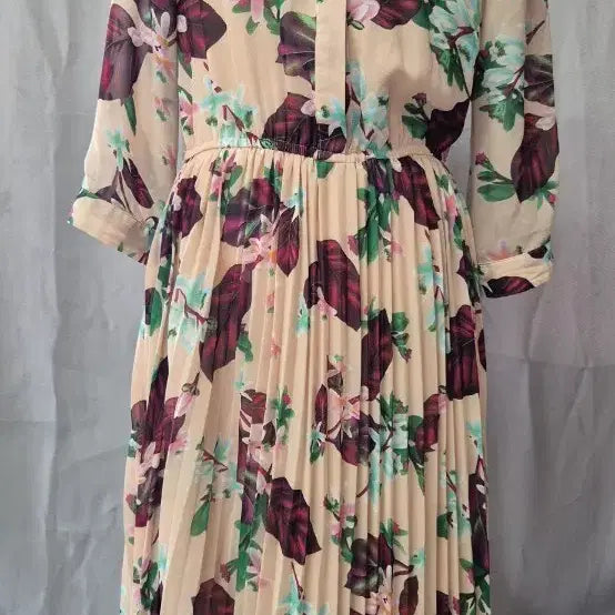 [BUNJANG] Pink Flower Satin Chiffon Pleated Dress / SATIN 쉬폰 플리츠 원피스 핑크 플라워