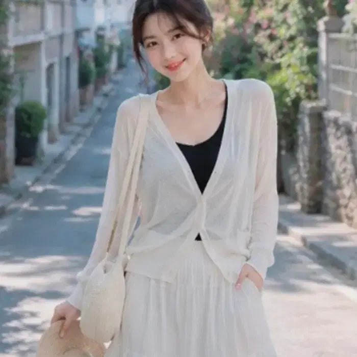 [BUNJANG] Olive des Olive Sheer A-Line Summer Linen Long Cardigan (White) / 올리브데올리브 시스루 A라인 썸머 린넨 롱 가디건 (화이트)