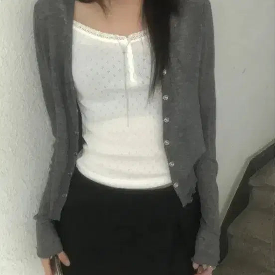 [BUNJANG] Frill Lace Button Tank Top + Summer See-through Tencel Cardigan Set / 유색 가디건+나시 세트 (프릴레이스 버튼 나시 + 여름 시스루 텐셀가디건