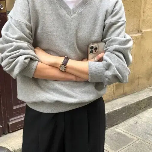 [BUNJANG] Lemore V-Neck Sweatshirt Grey / 르모어 브이넥 맨투맨 그레이