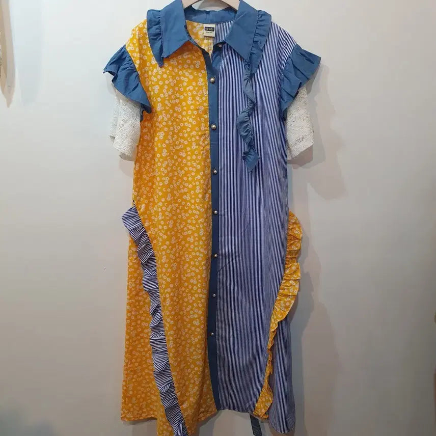 [BUNJANG] Unique Frill Color-Block Long Dress / 유니크 프릴 배색 롱 원피스