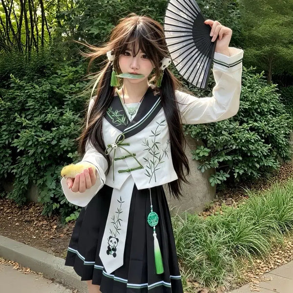 [BUNJANG] Subculture Panda Bamboo Embroidery Chinese Traditional Dress Set (Short/Long Sleeve) / 서브컬처 판다 대나무 자수 신중식 세라복 셔츠+스커트 세트 반팔/긴팔