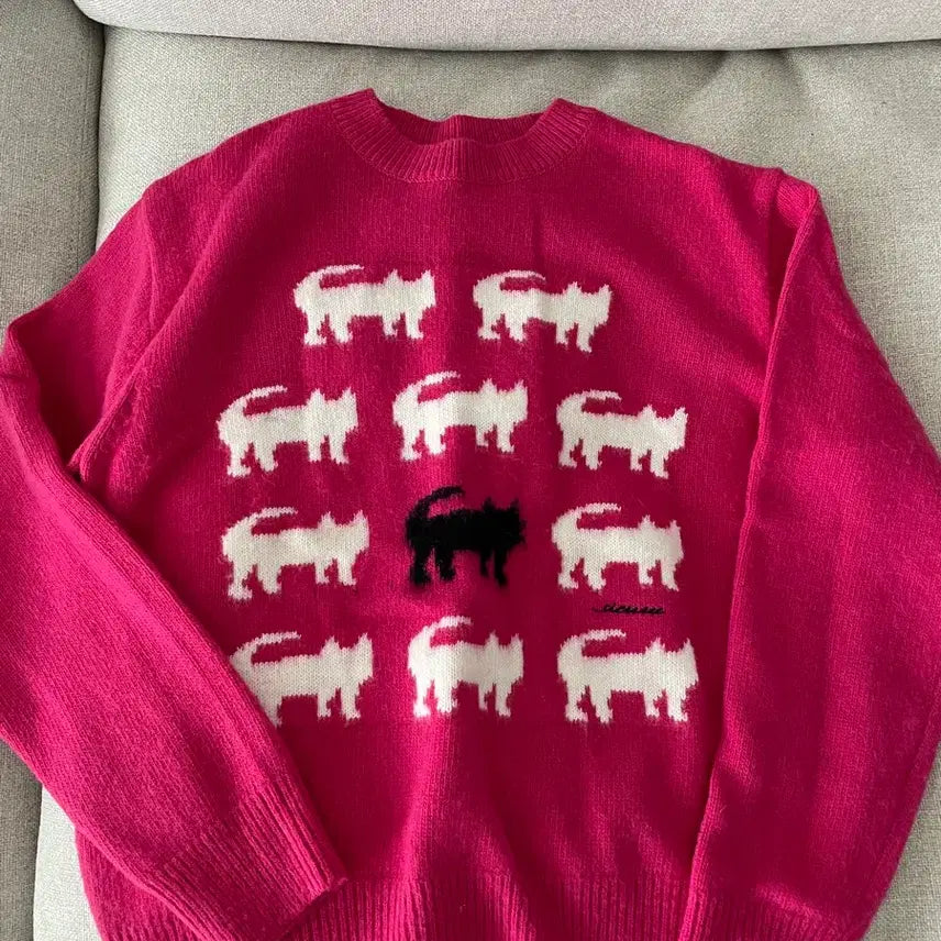 [BUNJANG] Sienne Knit Cat Pattern Pink Sweater / 시엔느 니트