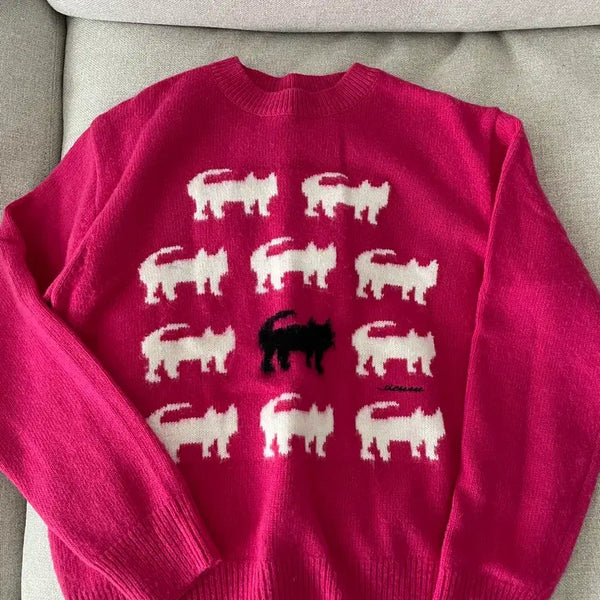 [BUNJANG] Sienne Knit Cat Pattern Pink Sweater / 시엔느 니트