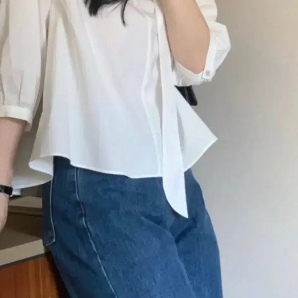 [BUNJANG] Modo Solid Tie Blouse White / Modo 모도 솔리드 타이 블라우스