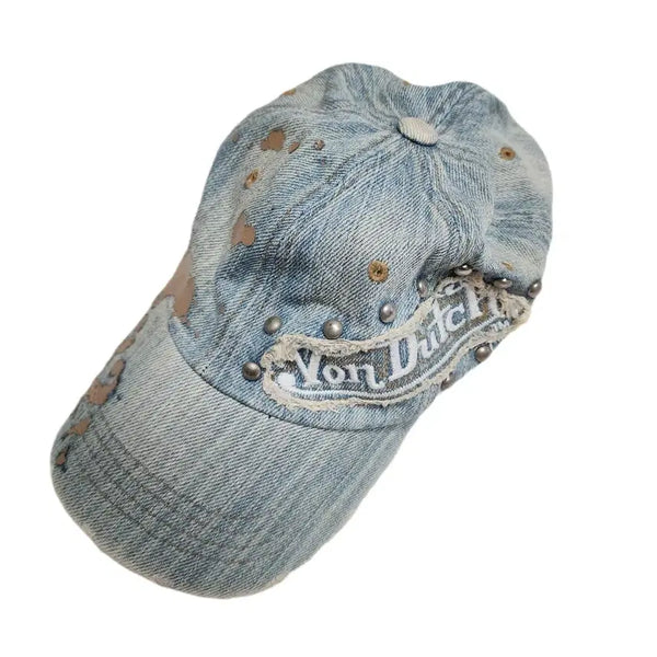 [BUNJANG] Von Dutch Original Studded Light Wash Distressed Leather Strap Ball Cap / 본더치 오리지널 스터드 갸루 연청 디스트로이드 가죽스트랩 볼캡