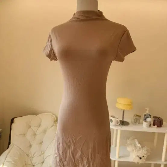 [BUNJANG] Beige Turtleneck Short-Sleeve Mini Dress / 새상품) 베이지 터틀넥 반팔 원피스