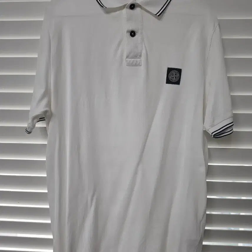 [BUNJANG] Stone Island White Striped Collar Short Sleeve T-Shirt - L / 스톤아일랜드 흰색 반팔 카라티 L사이즈