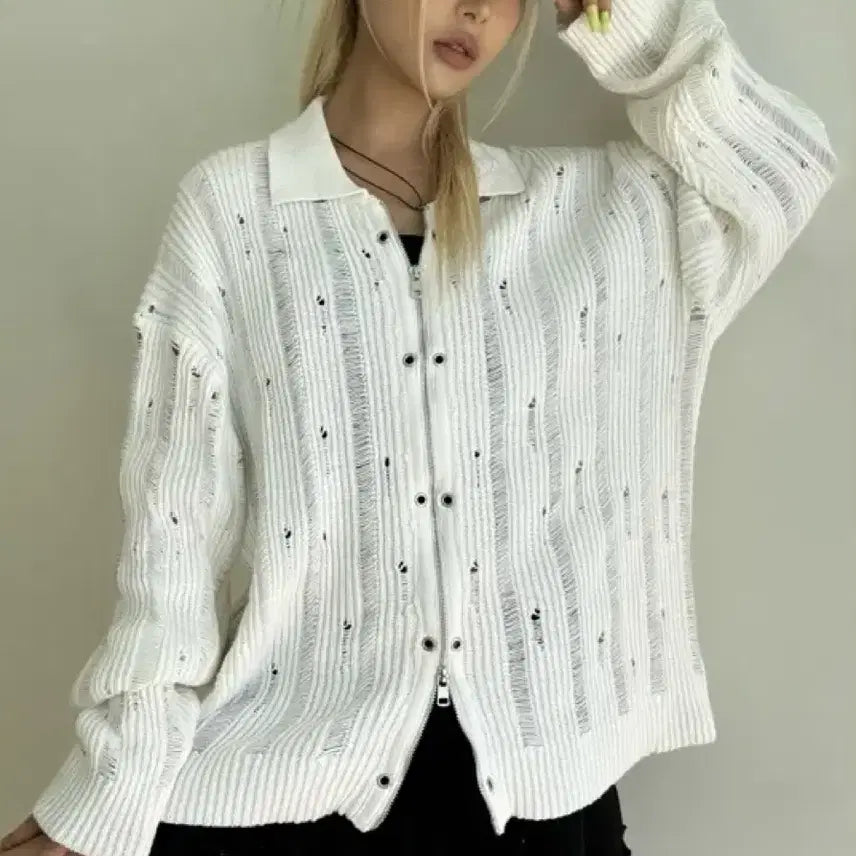 [BUNJANG] Damaged Eyelet Collar Knit Zip-Up / 데미지 아일렛 카라 니트집업