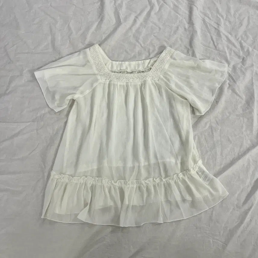 [BUNJANG] Lace Square Neck Chiffon Frill Blouse - Mori Girl Ivory / 레이스 스퀘어넥 쉬폰 프릴 블라우스 모리걸 하구미 아이보리