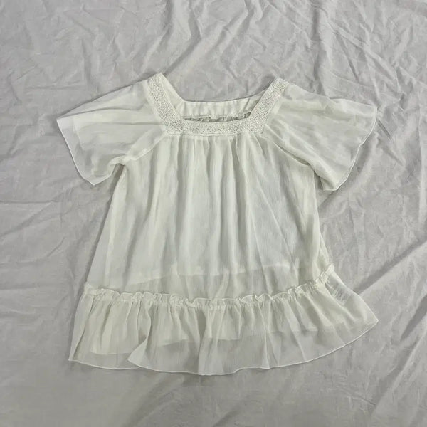 [BUNJANG] Lace Square Neck Chiffon Frill Blouse - Mori Girl Ivory / 레이스 스퀘어넥 쉬폰 프릴 블라우스 모리걸 하구미 아이보리