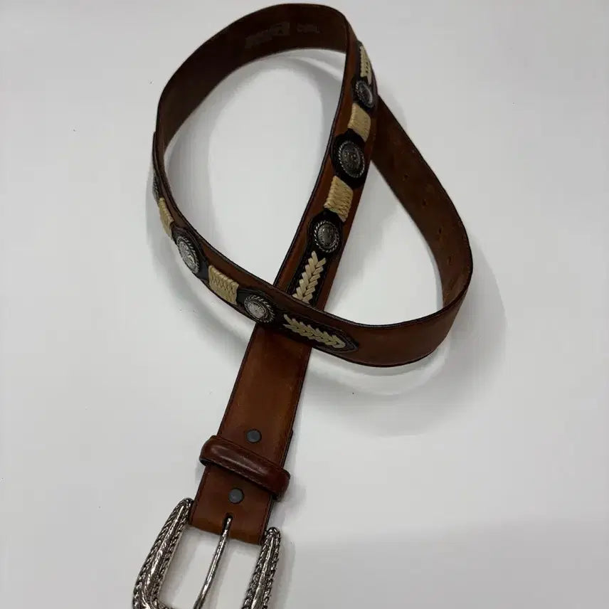 [BUNJANG] Western Concho Braided Leather Belt (38) / 빈티지 웨스턴 에스닉 크롬 콘초 레더 벨트