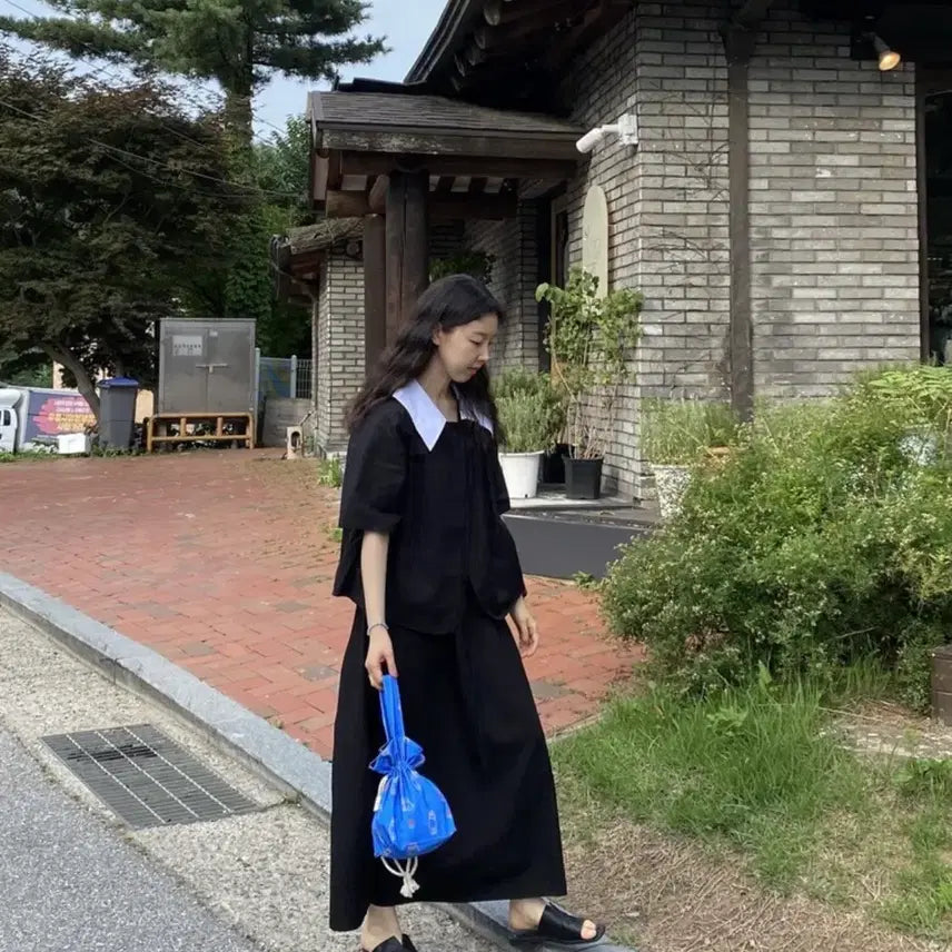 [BUNJANG] Black White Collar Short Sleeve Jacket Skirt Set / 블랙 화이트카라 반팔 자켓 스커트 세트